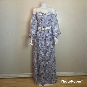 Lilac floral print off the shoulder belted split thigh maxi dress